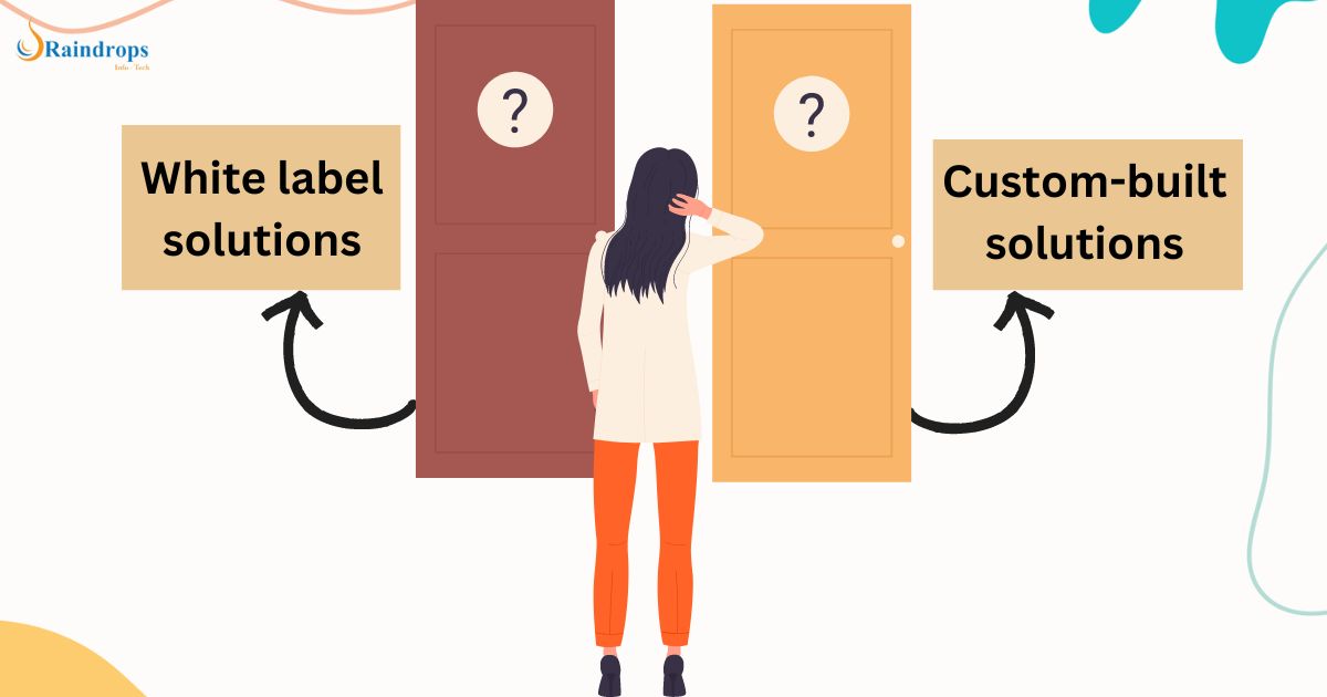 Illustration of person standing between two doors labelled 'White label solutions' and 'Custom-built solutions,'. It symbolises the choice between pre-built e-commerce software and custom e-commerce platform development.