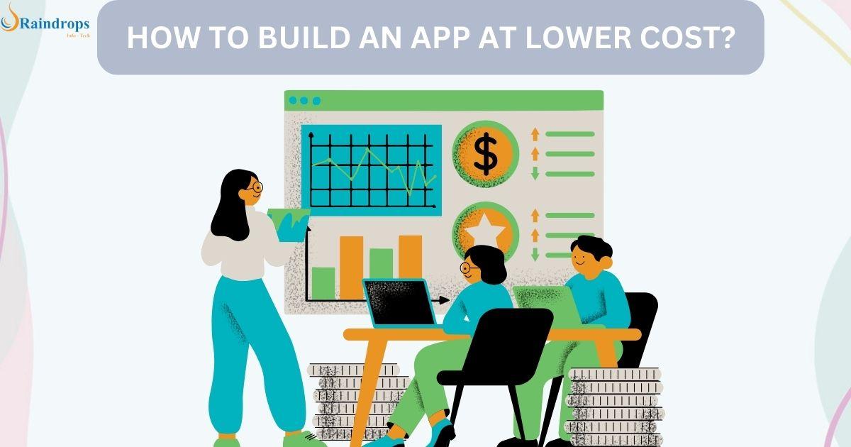 A team planning cost-effective app development. It features graphs, a dollar symbol, and the text 'How to Build an App at Lower Cost?'"