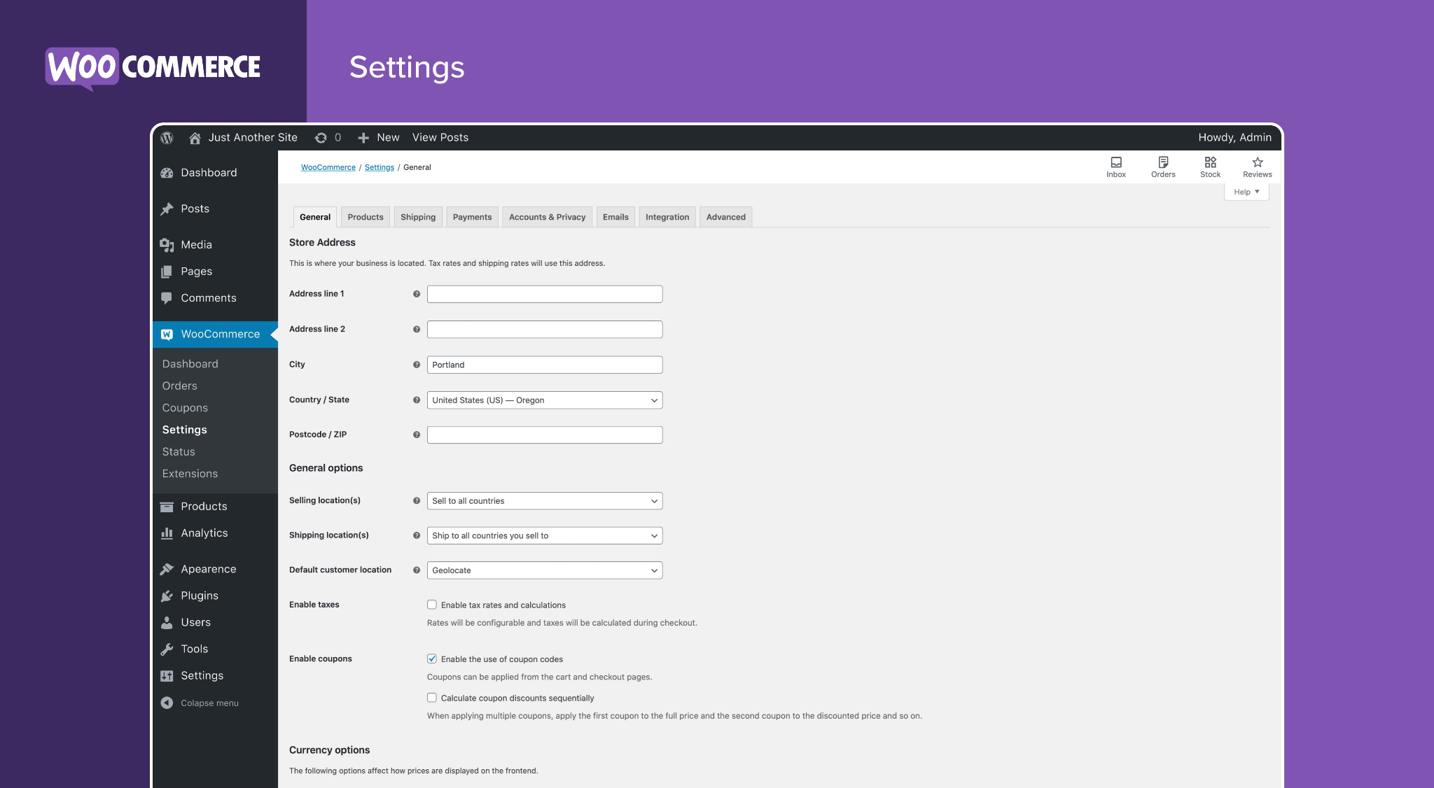 Illustration of a WooCommerce plugin on a wordpress dashboard showing the various features it offers