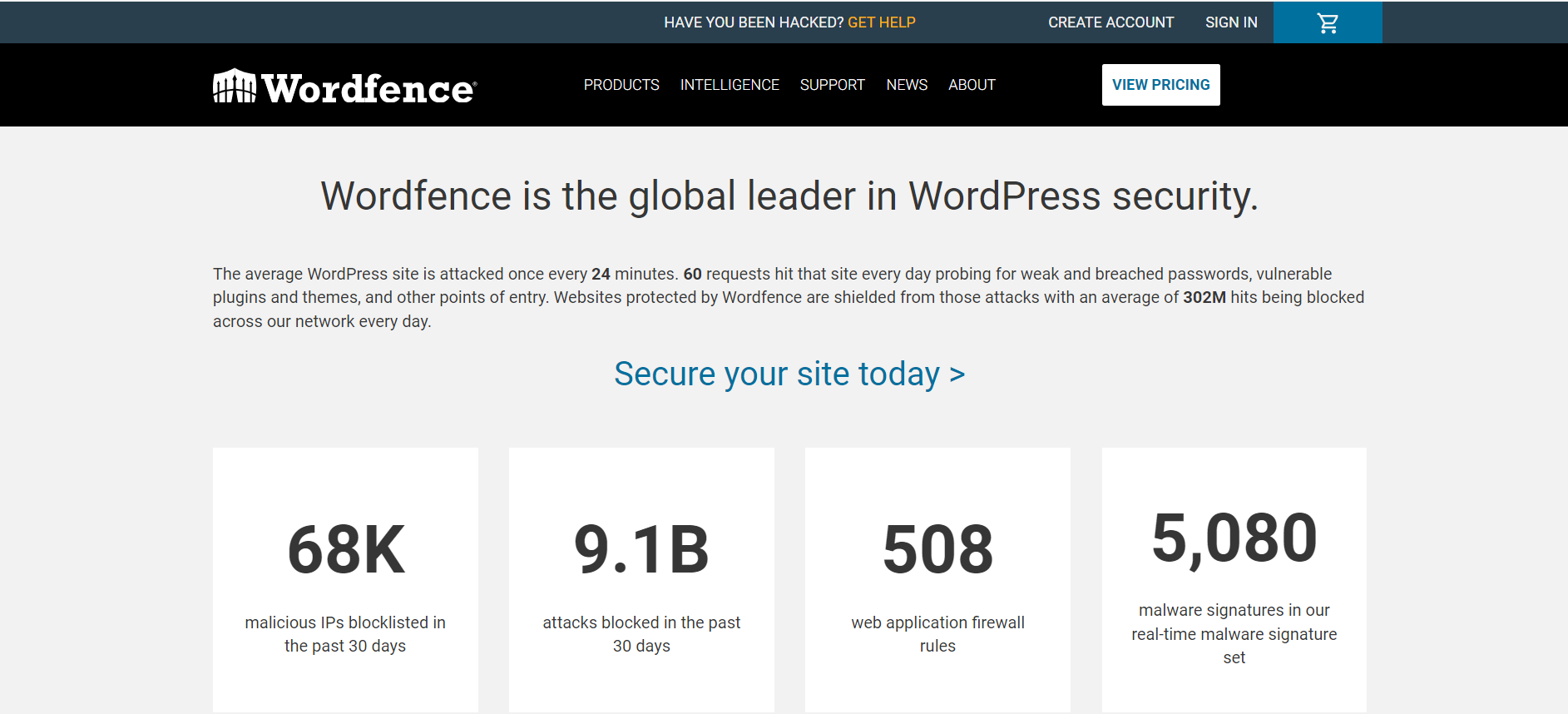 Wordfence site showing essential WordPress plugins for security. It features stats on blocked attacks, firewall rules, and malware signatures.