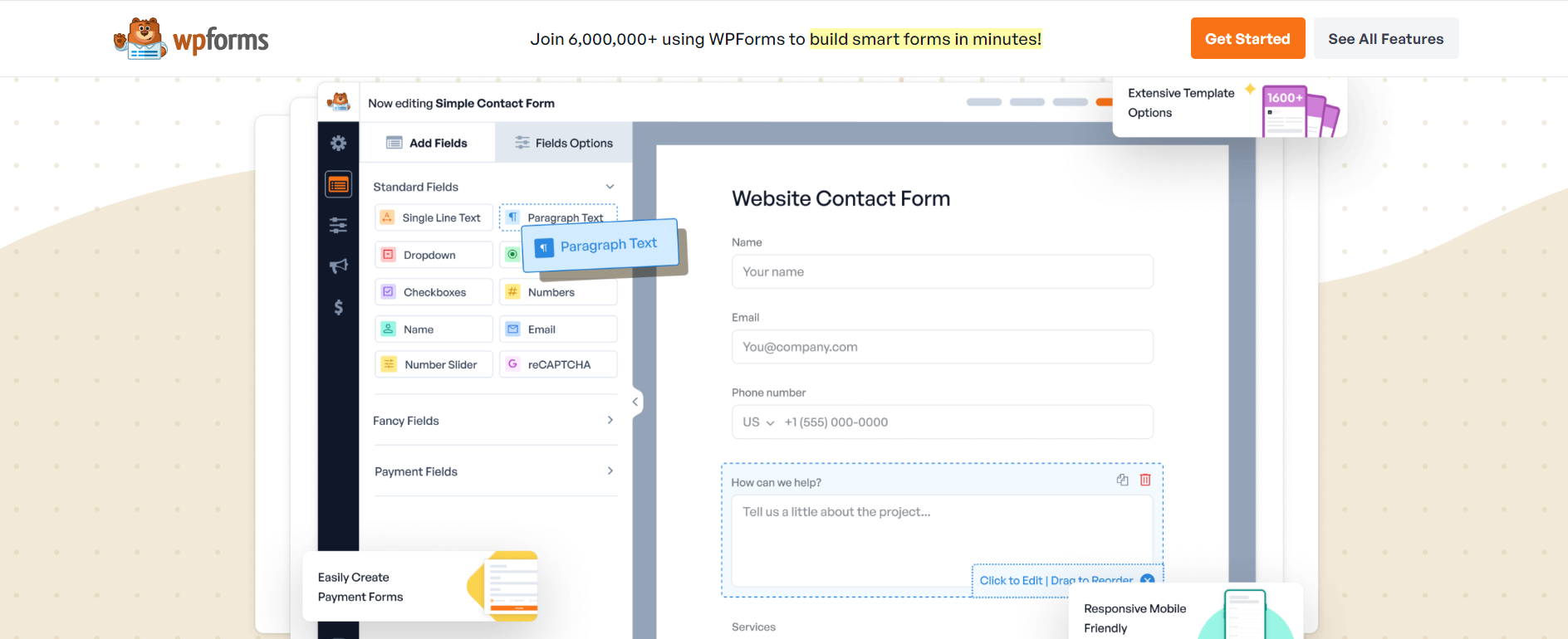 WPForms interface showing field options like paragraph text and dropdowns. It highlights essential WordPress plugins for forms.