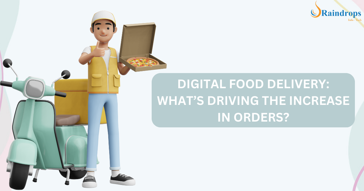 Delivery person holding a pizza box, standing next to a scooter, with text reading 'Digital Food Delivery: What's Driving the Increase in Orders?