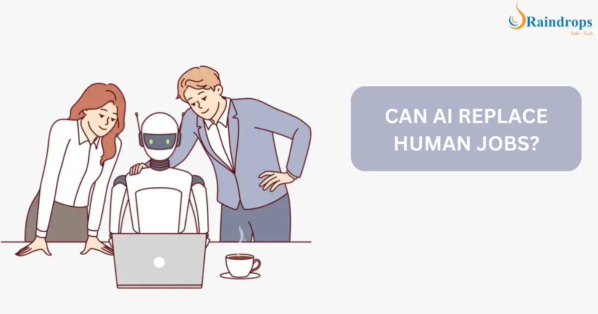 Illustration of AI and human collaboration where they are working together. A text by side that says- “Can AI replace human jobs?”