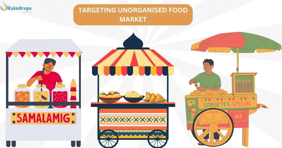 Local street food vendors, highlighting Raindrops Infotech's mission to empower the unorganized food market through technology.