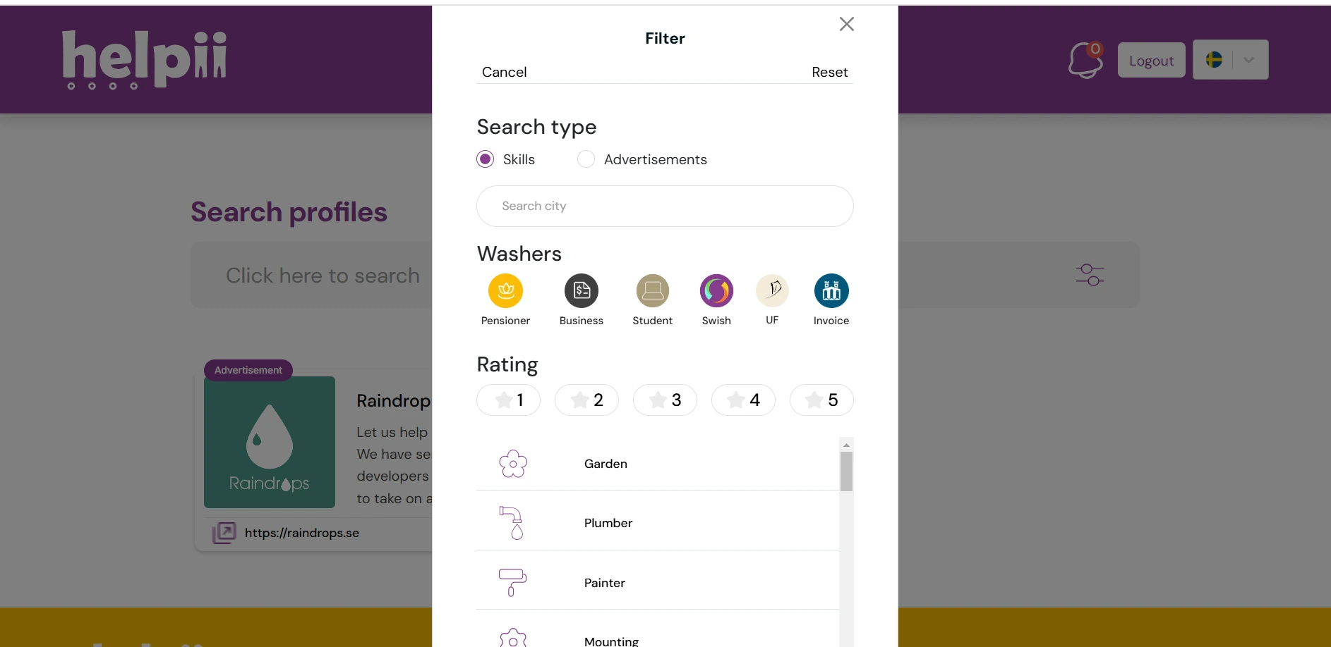 Helpii.se service marketplace filters, showing options to sort professionals by service type, location, ratings, and reviews.