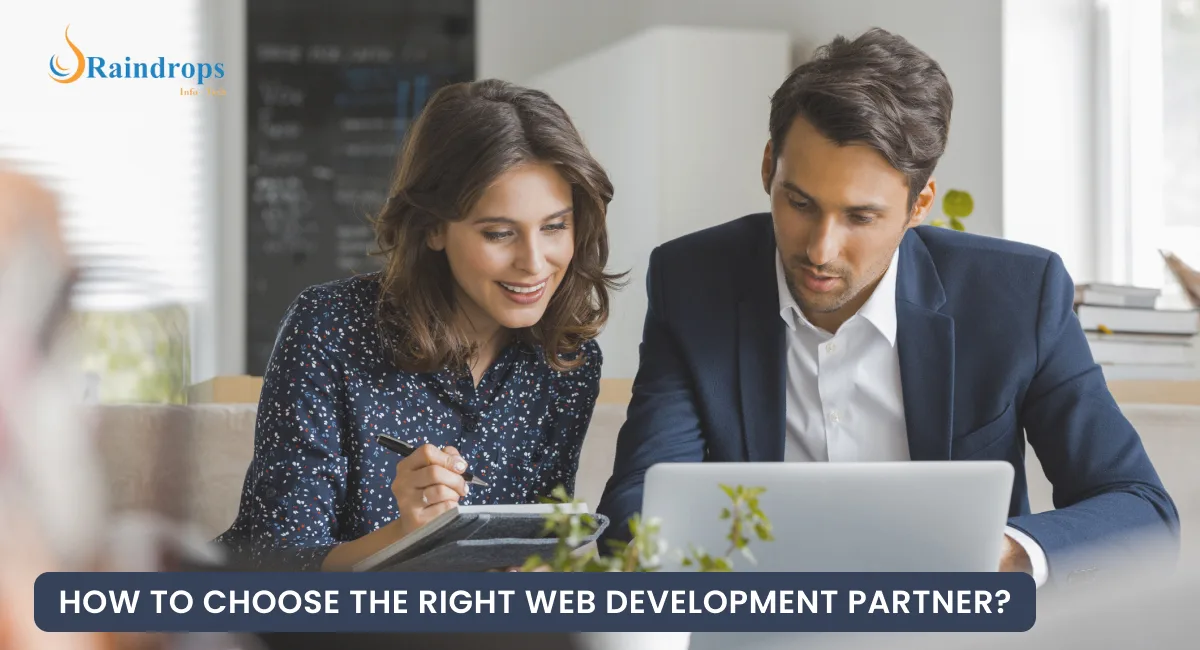A man writing code for website development on a laptop with gears and a question mark. There’s a text: 'How to choose the right web development partner?