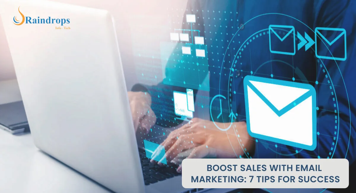 Illustration of email marketing tips with a mobile screen and title 'Boost Sales with Email Marketing: 7 Tips for Success.