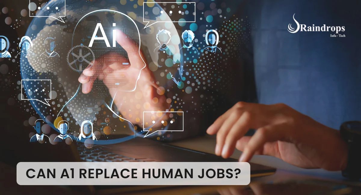 Illustration of AI and human collaboration where they are working together. A text by side that says- “Can AI replace human jobs?”