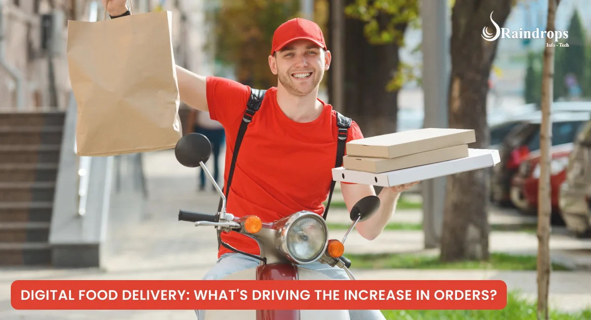 Delivery person holding a pizza box, standing next to a scooter, with text reading 'Digital Food Delivery: What's Driving the Increase in Orders?