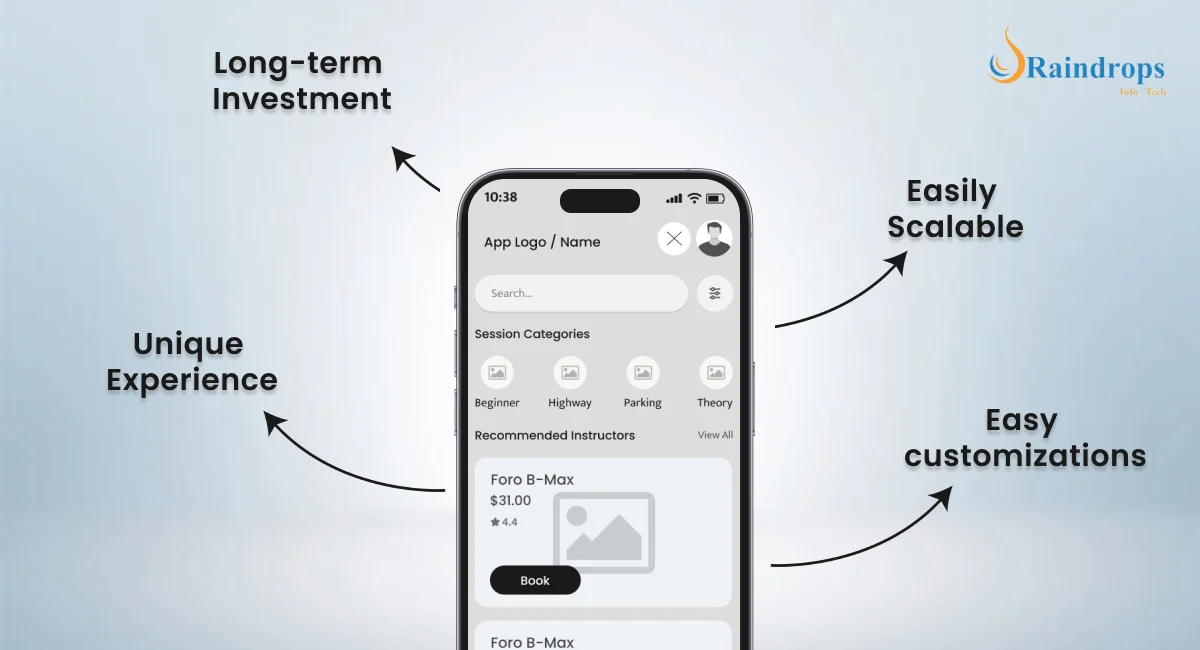 Illustration of benefits of custom-built apps: long-term investment, unique experience, easy customizations, and scalability, highlighting why custom app development is advantageous.