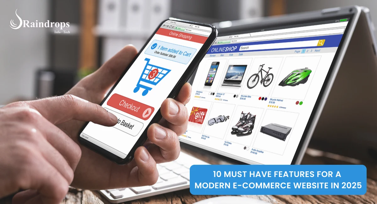 Illustration of modern e-commerce features for 2025, showcasing mobile optimization, seamless shopping, and user-friendly design.