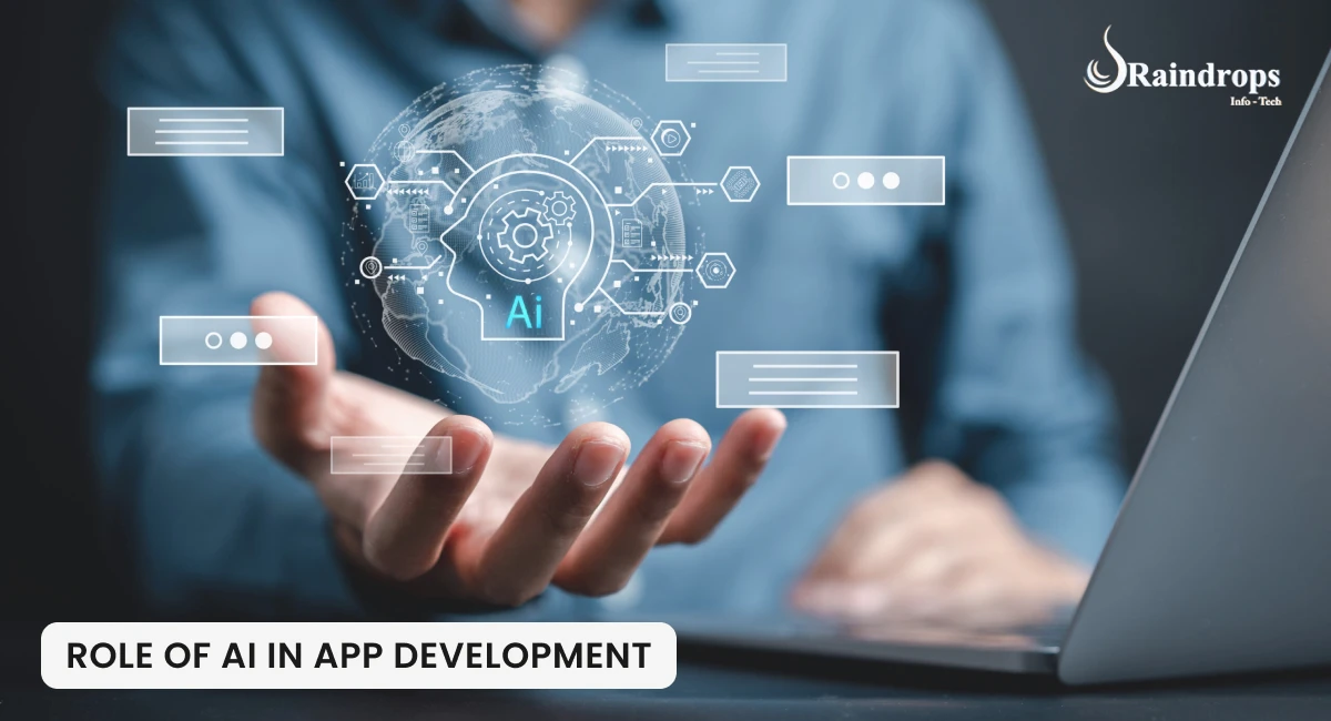 Three developers working with a large smartphone displaying app icons, showing the role of AI in app development, with a Raindrops Info-Tech logo.