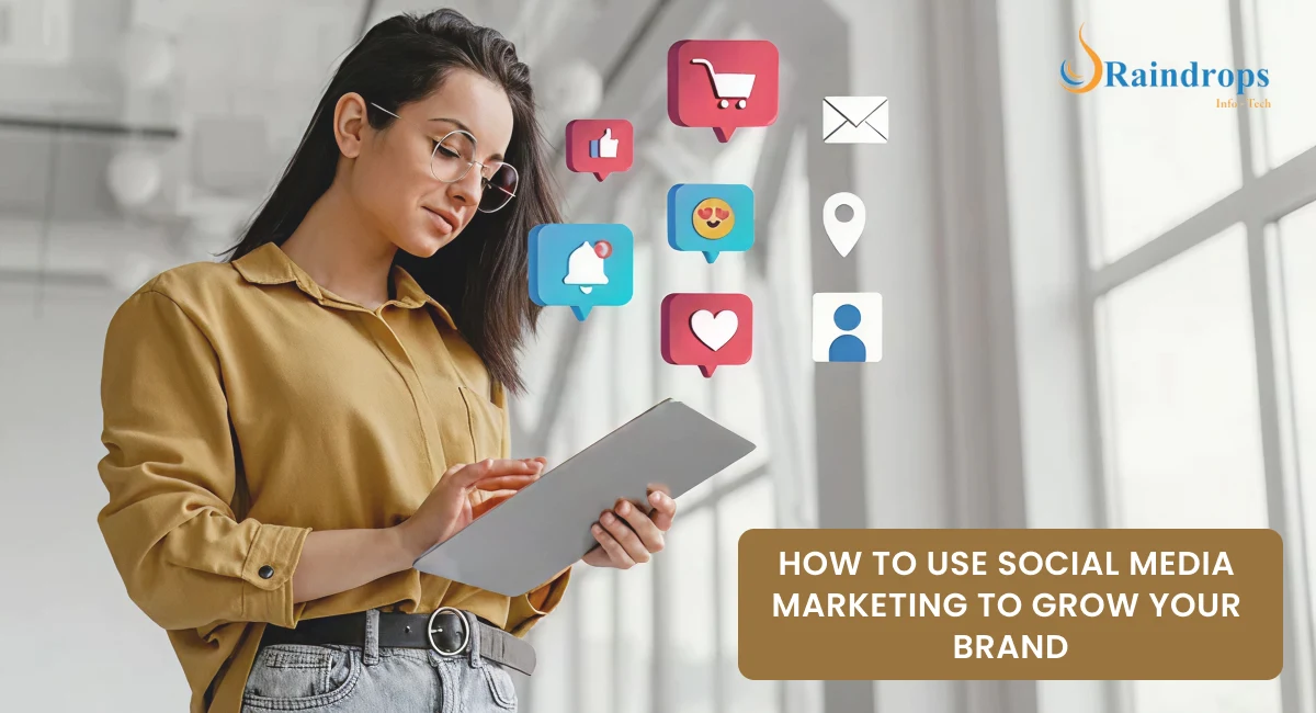 Illustration of a marketer using social media tools like hashtags, likes, and live videos to grow a brand, representing social media marketing strategies.