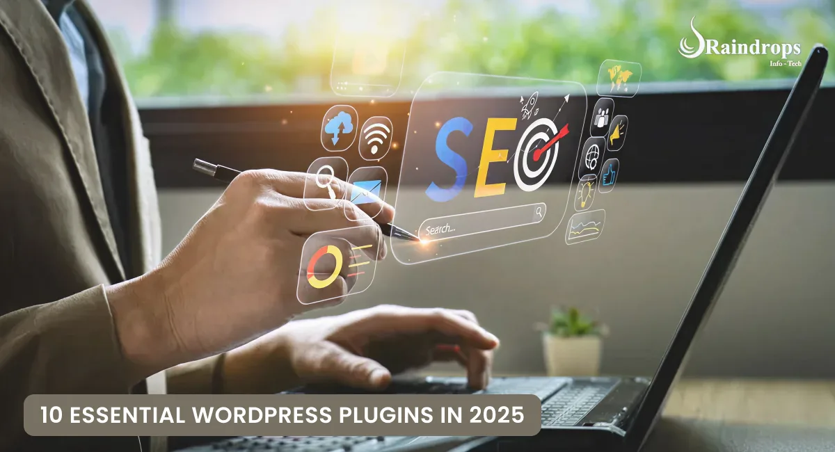 Two people discussing, with puzzle pieces and text reading '10 Essential WordPress Plugins in 2024' alongside Raindrops logo.