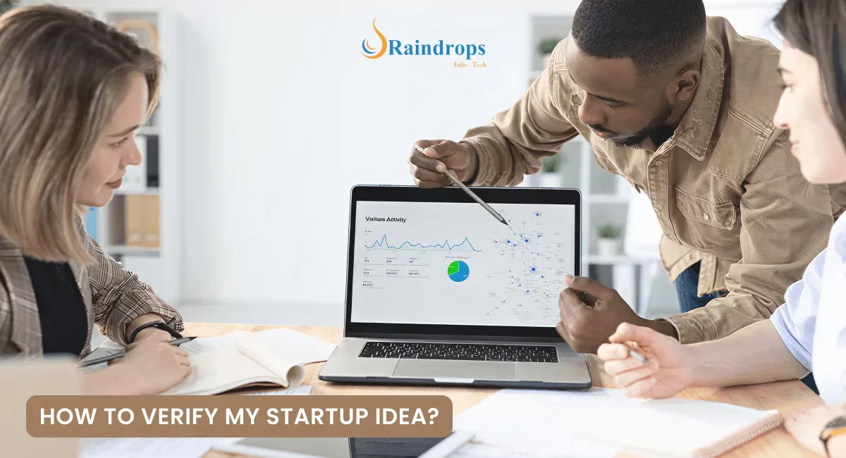 Three people discussing startup ideas around a table with a laptop, text reading 'How to Verify a Startup Idea' in a box, and Raindrops Info-Tech logo in the corner.